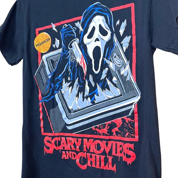 Ghostface Horror T-Shirt “Scary Movies and Chill” | Black Cotton Tee | Small - Picture 2 of 4